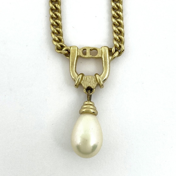 Christian Dior Logo Pearl Necklace Rhinestone GP Gold - Picture 2 of 4
